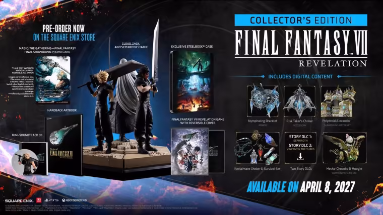 Contenu de l'édition collector de Final Fantasy VII Revelation : figurine de Cloud, Zack et Sephiroth, steelbook, artbook, CD et contenus numériques