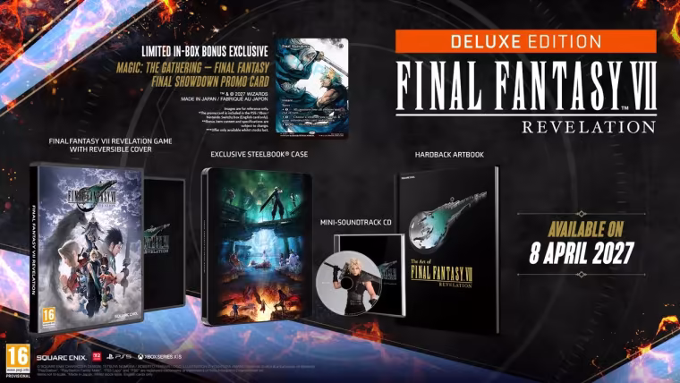 Contenu de l'édition Deluxe de Final Fantasy VII Revelation : jeu à jaquette réversible, steelbook, artbook cartonné, mini bande originale et carte Magic promotionnelle