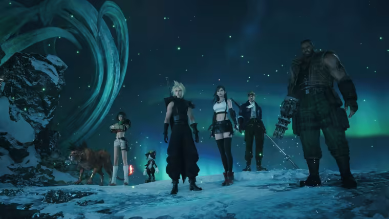 L'équipe de Final Fantasy VII Revelation réunie face à une aurore, dans un paysage enneigé