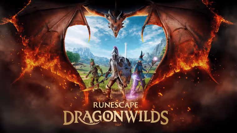 Visuel officiel de RuneScape: Dragonwilds, avec un dragon et trois aventuriers
