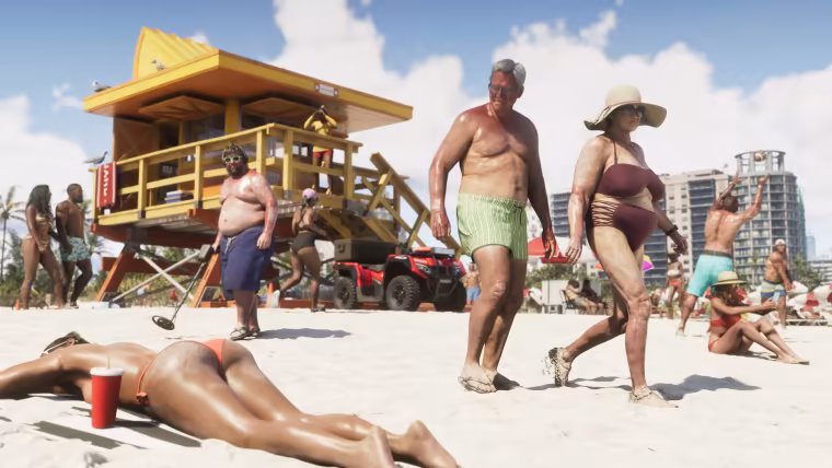 Plage bondée de Vice City dans GTA 6, des dizaines de passants simulés à l'écran