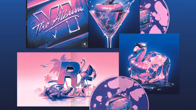Vinyle édition limitée de GTA VI: The Album, disques magenta remplis de liquide bleu