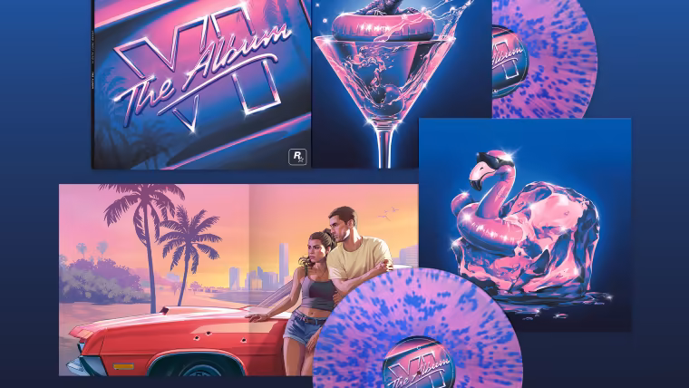 Vinyle standard de GTA VI: The Album, magenta transparent éclaboussé de bleu