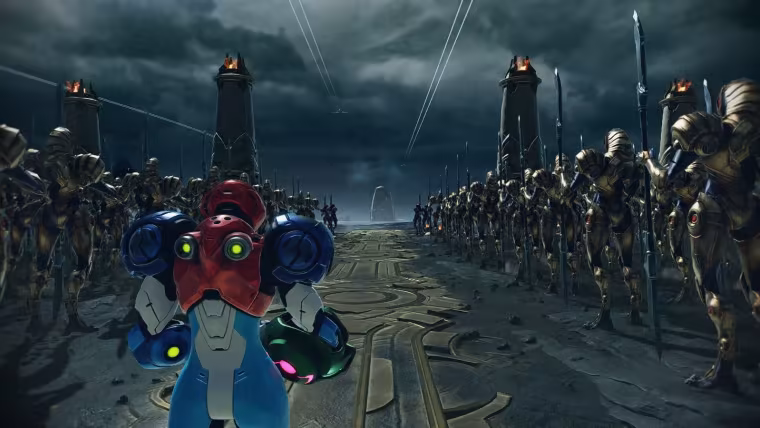 Samus Aran face à une horde d'ennemis dans Metroid Ravenous sur Switch 2