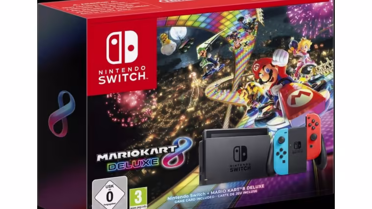 Packshot du pack Nintendo Switch et Mario Kart 8 Deluxe, carte de jeu incluse