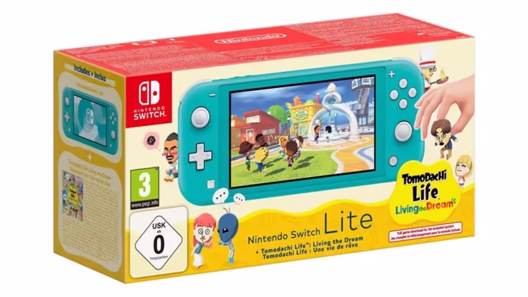 Packshot du pack Nintendo Switch Lite turquoise avec Tomodachi Life