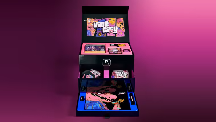 Le coffret collector GTA 6 Vice City Collection ouvert, avec ses tiroirs