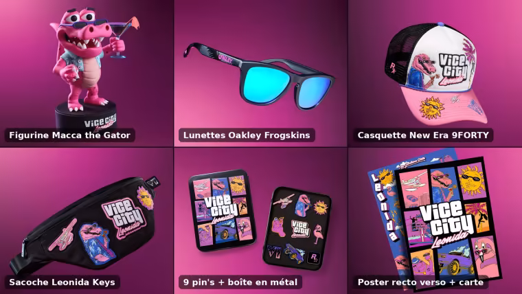 Six objets du collector GTA 6 : figurine Macca, lunettes Oakley, casquette New Era, sacoche, pin's et poster