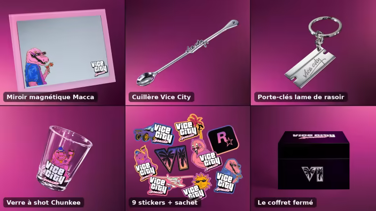 Miroir, cuillère, porte-clés lame de rasoir, verre à shot, stickers et coffret fermé du collector GTA 6