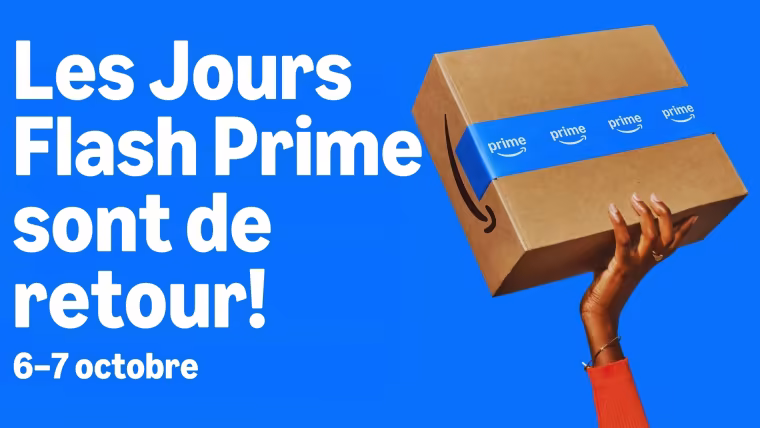 Colis Amazon Prime brandi à bout de bras, visuel des Jours Flash Prime des 6 et 7 octobre