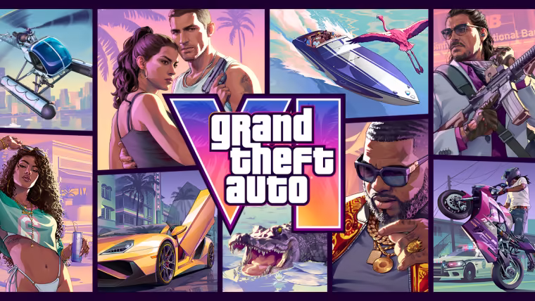 Illustration officielle de Grand Theft Auto VI avec Lucia, Jason et les personnages de Leonida