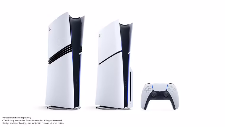PS5 Pro à la verticale avec sa manette DualSense