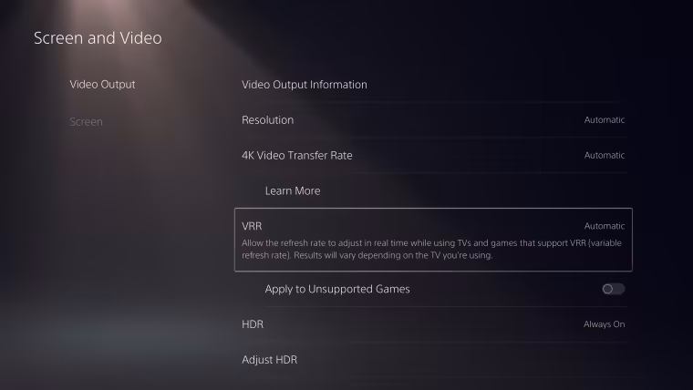 Réglage du VRR dans le menu Écran et vidéo de la PS5