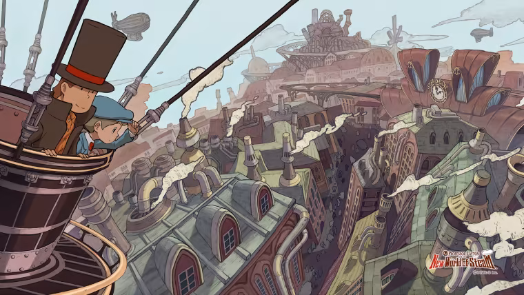 Layton et Luke dominent les toits de Steam Bison depuis une nacelle