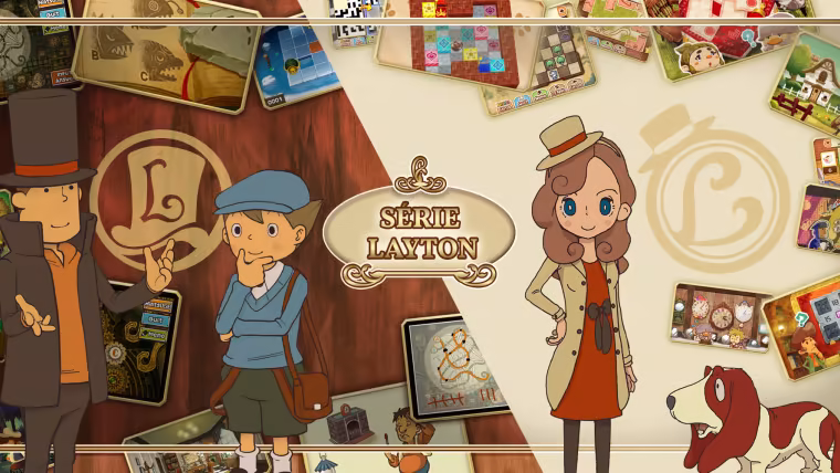 Hershel Layton, Luke et Katrielle entourés d'énigmes des épisodes précédents