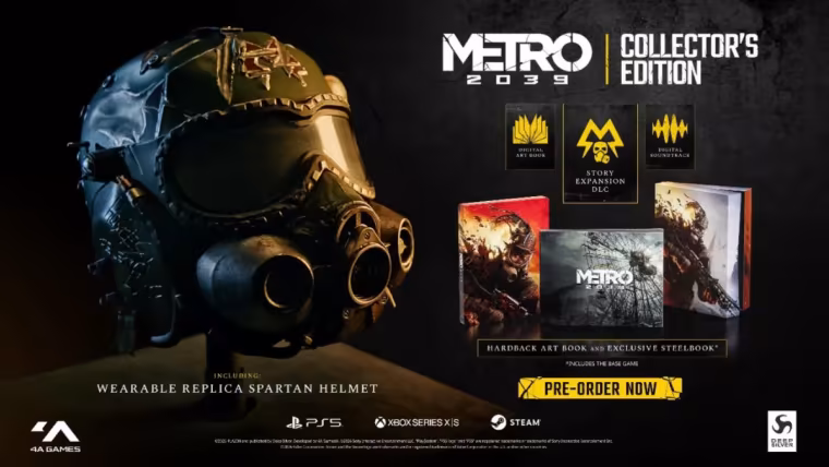 Contenu de l'édition Collector de Metro 2039 : réplique du casque de Spartiate, steelbook et artbook relié