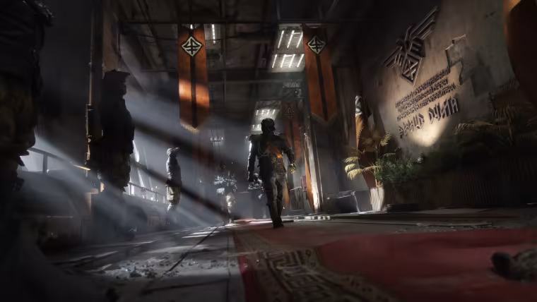 Un couloir du Novoreich tendu de bannières dans Metro 2039