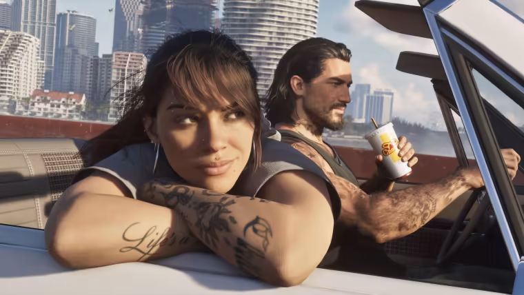 Lucia et Jason en décapotable devant les tours de Vice City dans GTA 6