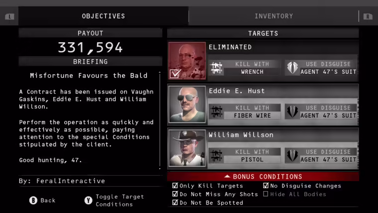 Hitman: Absolution : l'écran d'un contrat