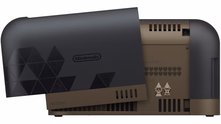 Le dos du dock de la Switch 2 édition Zelda, avec Link et Zelda en pixel art