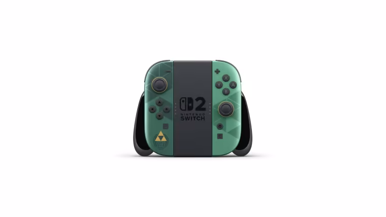 Joy-Con 2 vert et or de l'édition Zelda 40e anniversaire sur leur support