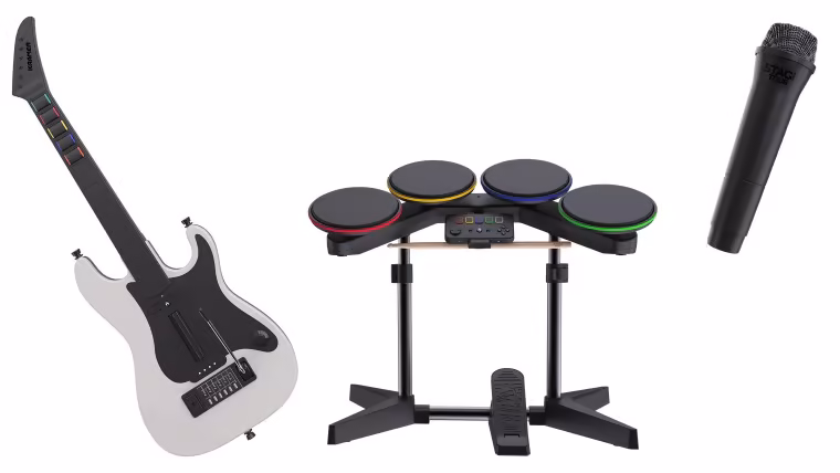 La guitare Kramer sans fil, la batterie et le micro officiels de Stage Tour